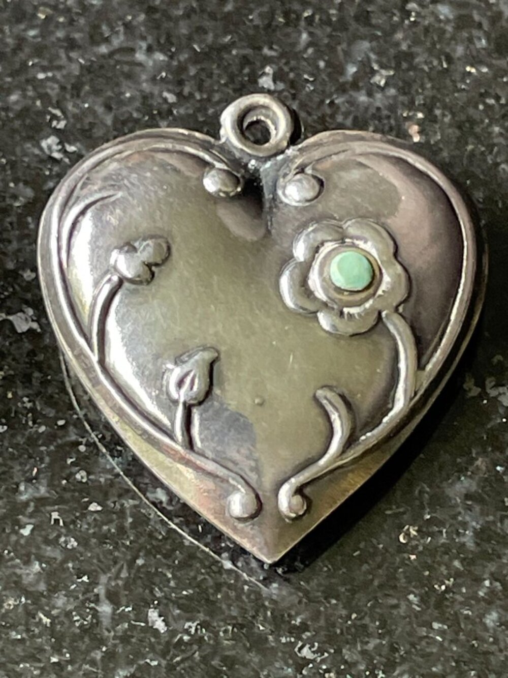 Vintage Art Nouveau Silver Two Sided Puffed Heart Onyx Turquoise Pendant